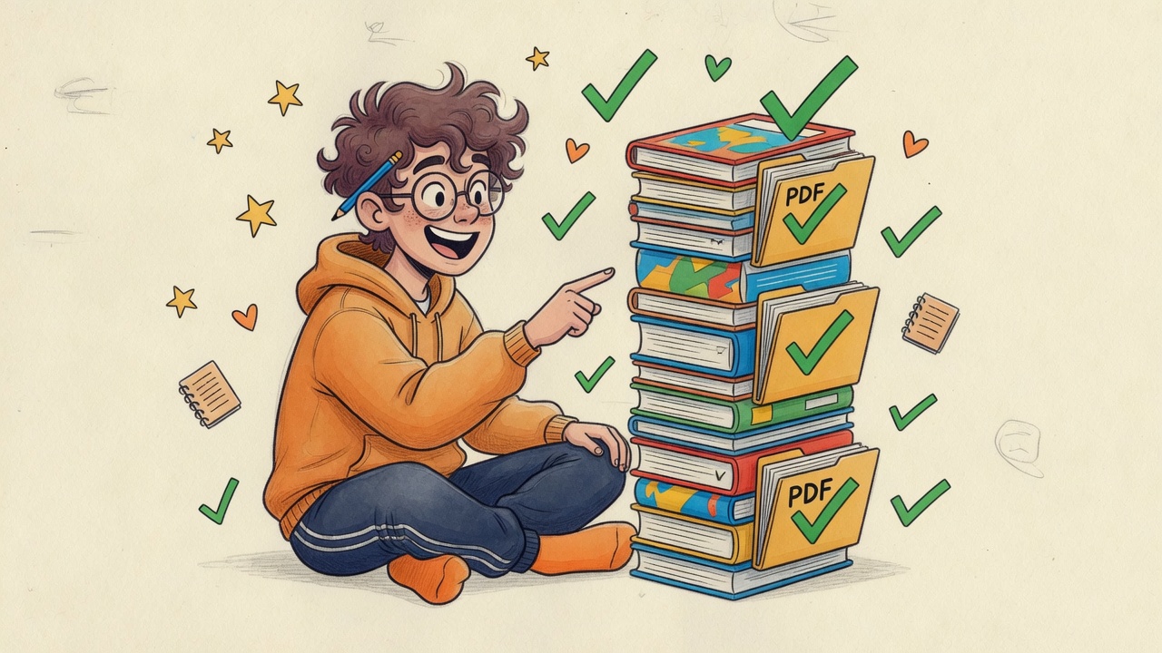 Ilustração das respostas das apostilas: estudante apontando para PDFs com gabarito