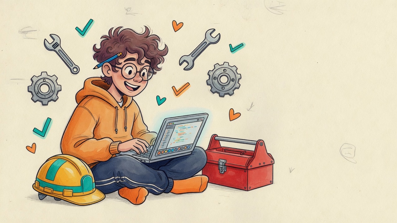 Ilustração da Educação Profissional automática: estudante com ferramentas e notebook