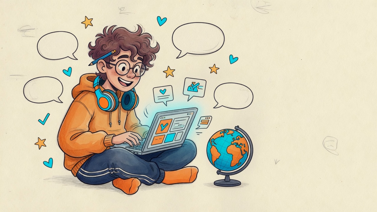 Ilustração do Open English automático: estudante praticando inglês no notebook
