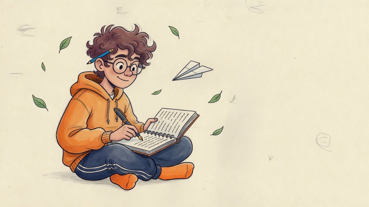 Ilustração do script RedaçãoSP: estudante escrevendo a redação da Sala do Futuro